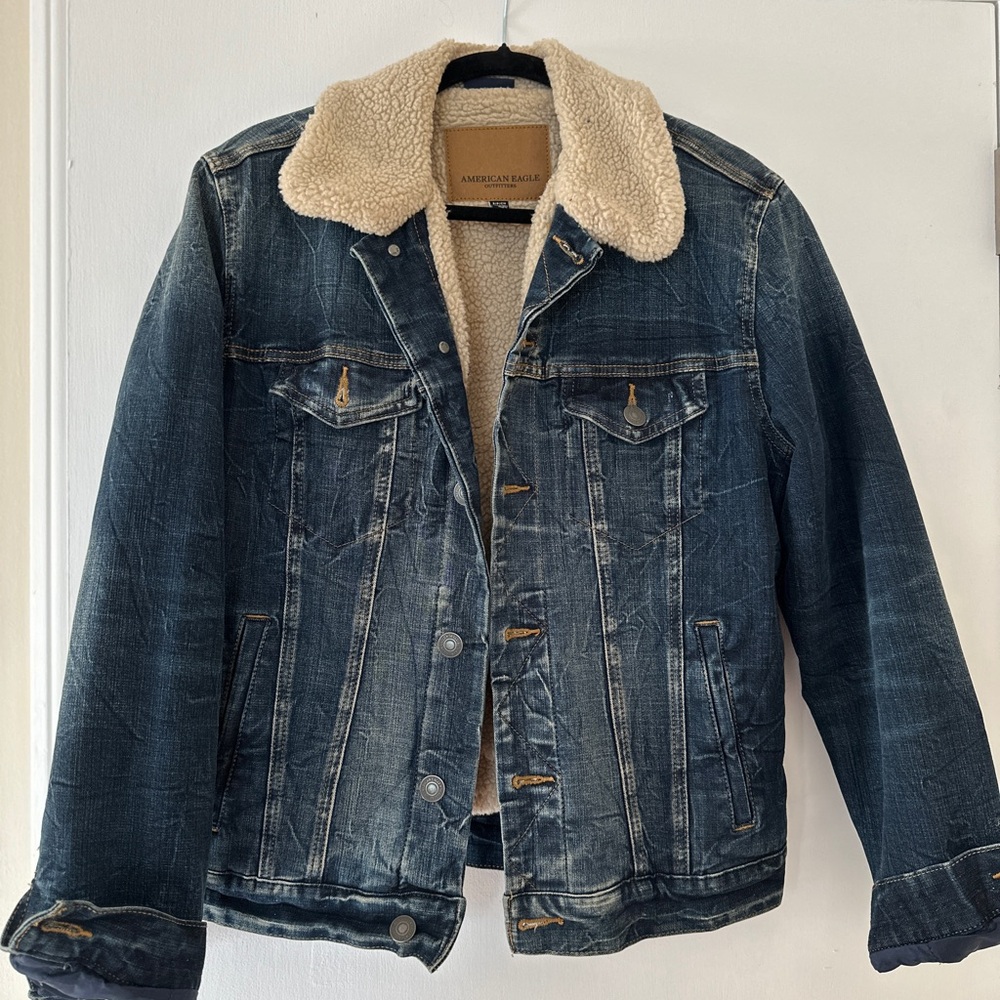 American Eagle Outfitters Dark Blue Denim Sherpa Jacket